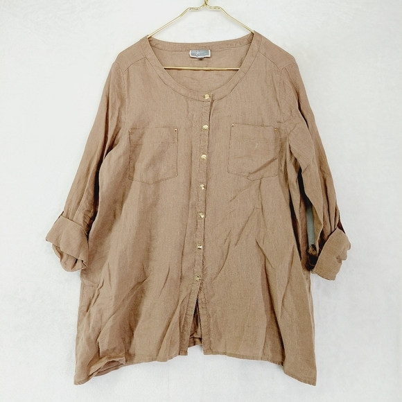 JM Collection Tan Linen Pocket Button Down Shirt P4104 - Picture 1 of 8